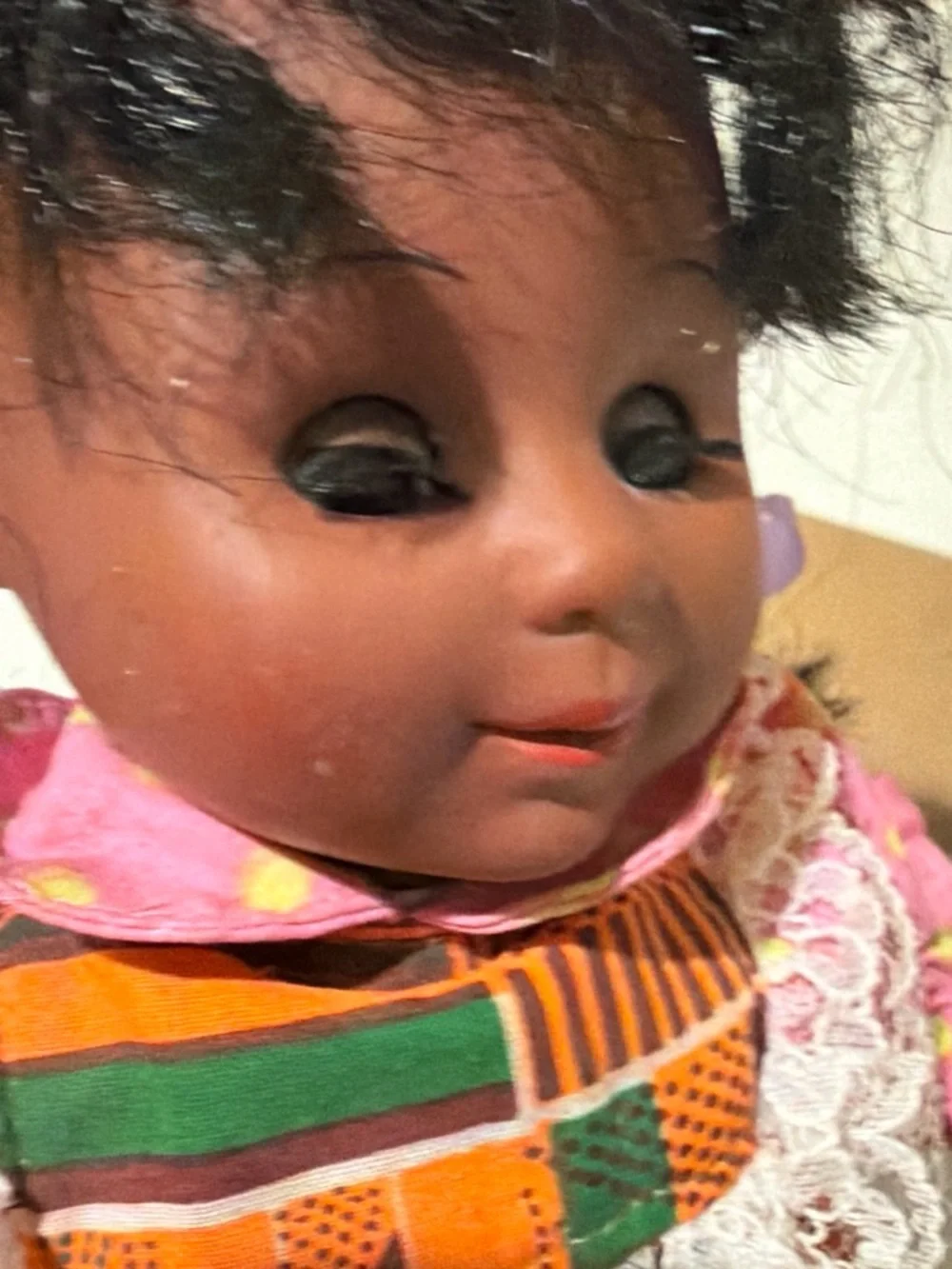 1980 Vintage Doll Multicolor Pink & Orange Patterned Baby Doll with Lace Dress